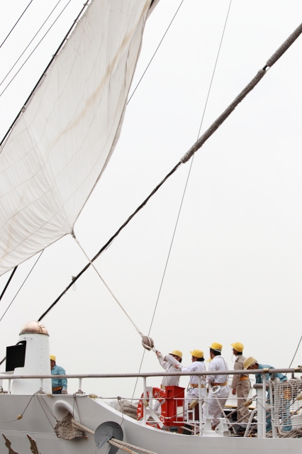 soku_05559.jpg :: 帆船 日本丸 海洋練習船 名古屋港 マスト 水夫 実習生 セイルドリル 展帆訓練 