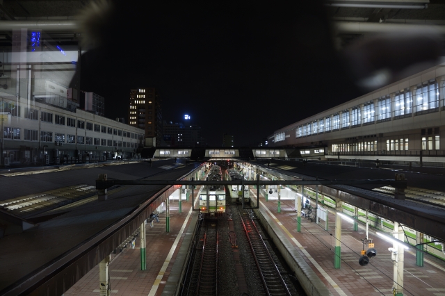 soku_12481.jpg :: 乗り物 交通 建物 施設 駅 新潟駅 線路 夜景 手持ち撮影 