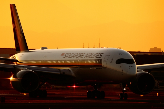 soku_34829.jpg :: A350/HND 乗り物 交通 航空機 飛行機 旅客機 風景 自然 空 夕日 夕焼け 日没 
