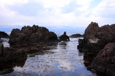 soku_14338.jpg :: 両尾海水浴場 風景 自然 海 磯 雪山 離島 by 佐渡 