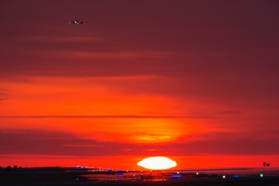 soku_34901.jpg :: 乗り物 交通 航空機 飛行機 旅客機 風景 自然 空 夕日 夕焼け 日没 